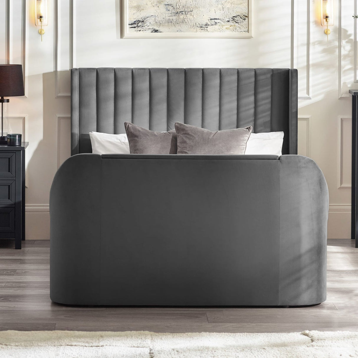 Fabric Double Ottoman TV Storage Bed - Clara