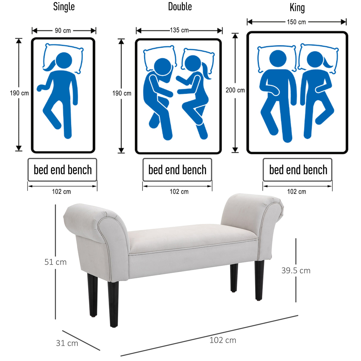 Fabric Hallway Seating Bench 102cm Wide - Velmora