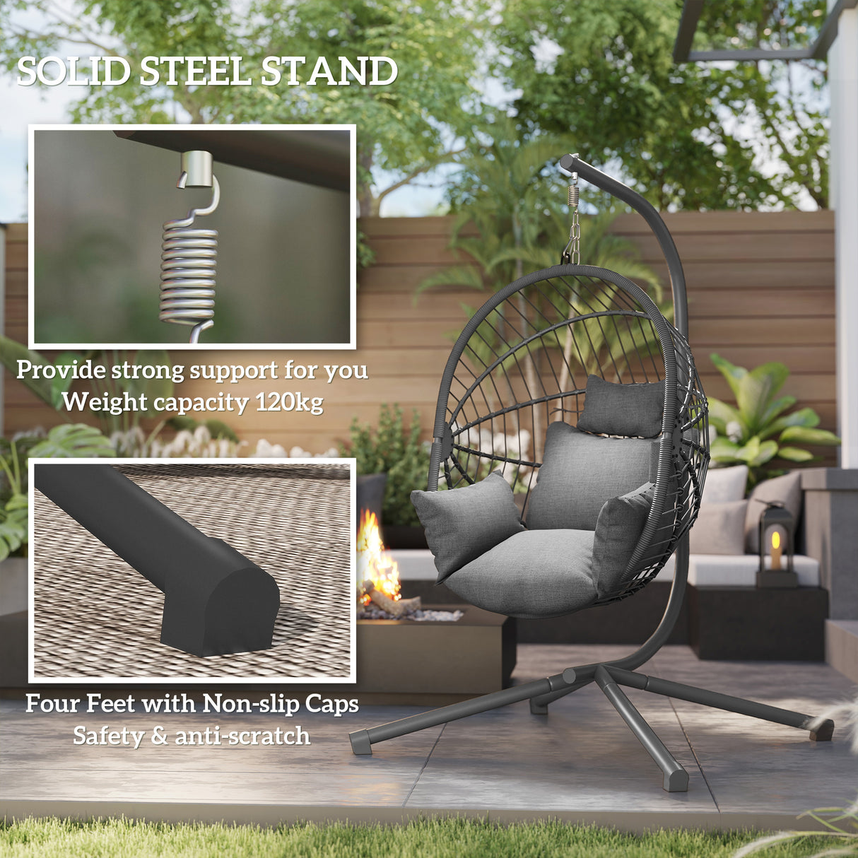 Fabric Hanging Egg Swing Chair With Full Body Padded Seat And Metal Stand - Velmora