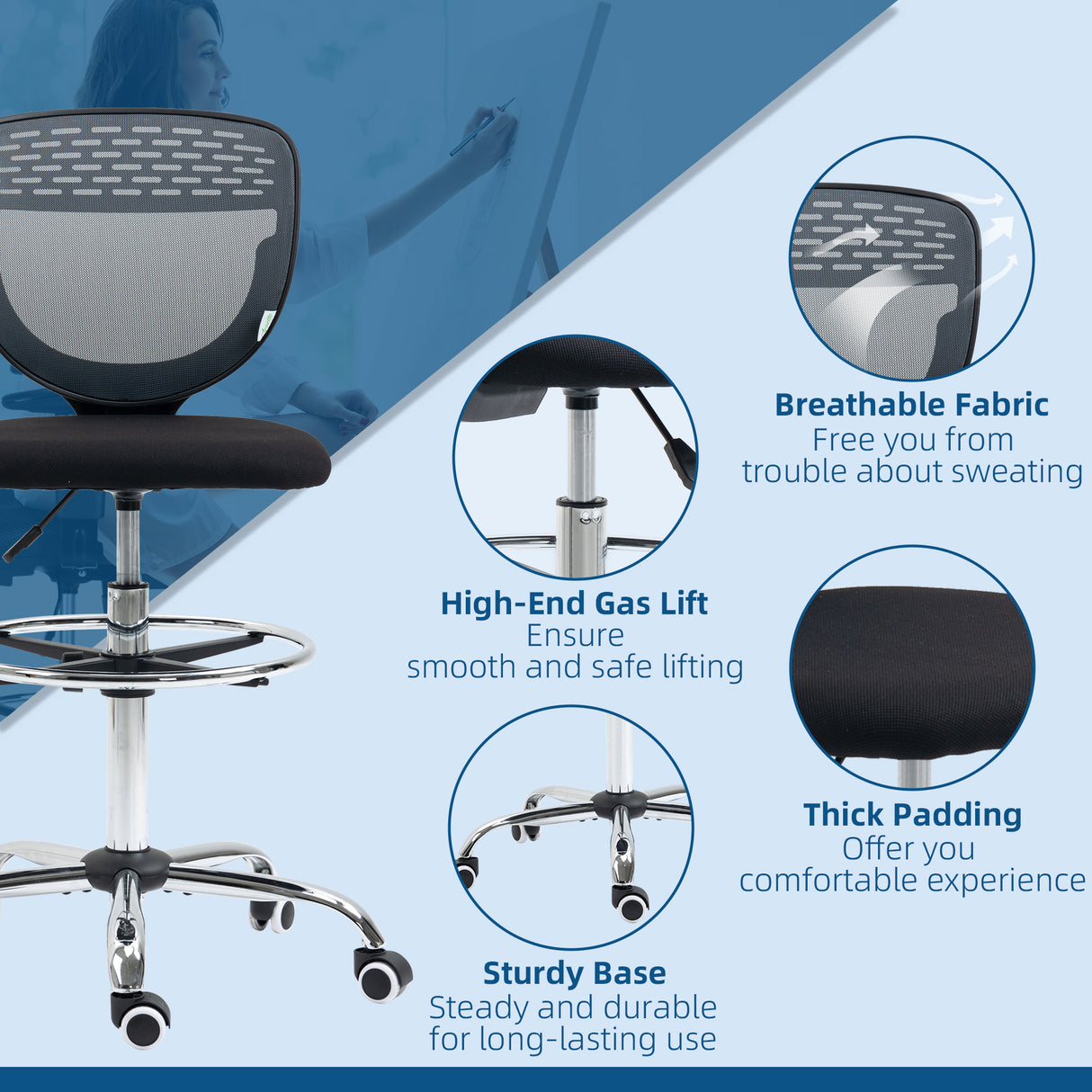 Fabric Home And Office Chair 59cm Wide Armless With Adjustable Foot Ring - Velmora