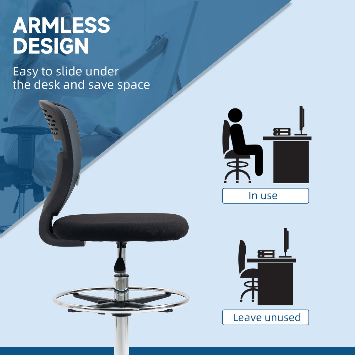 Fabric Home And Office Chair 59cm Wide Armless With Adjustable Foot Ring - Velmora
