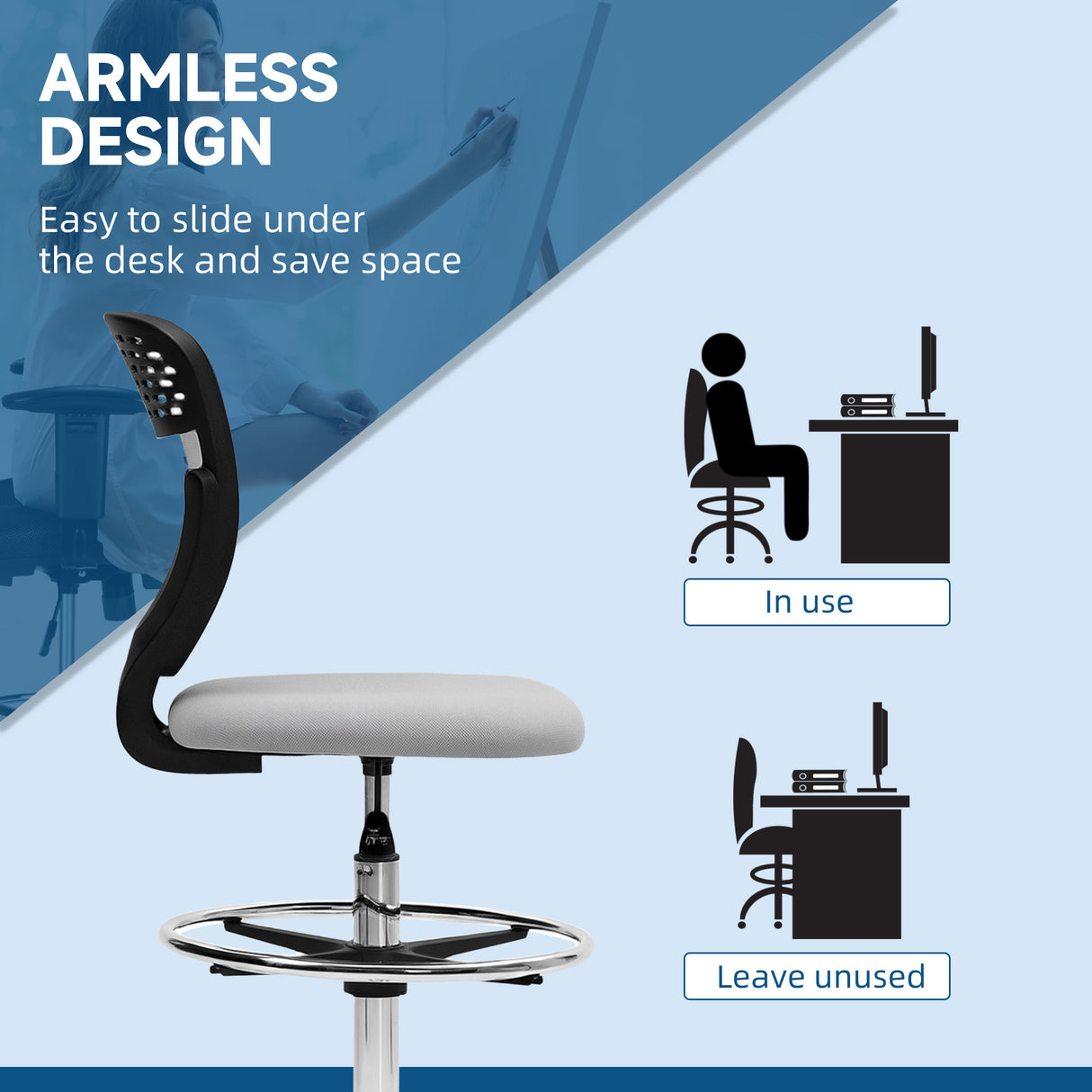 Fabric Home And Office Chair 59cm Wide Armless With Adjustable Foot Ring - Velmora