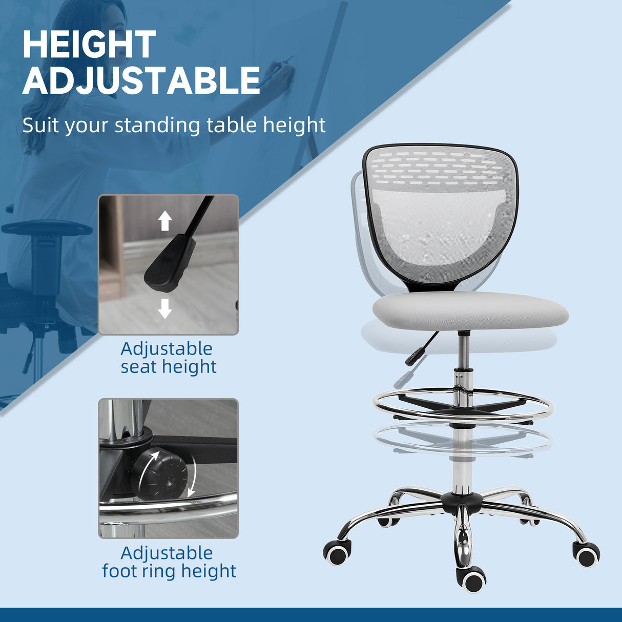 Fabric Home And Office Chair 59cm Wide Armless With Adjustable Foot Ring - Velmora