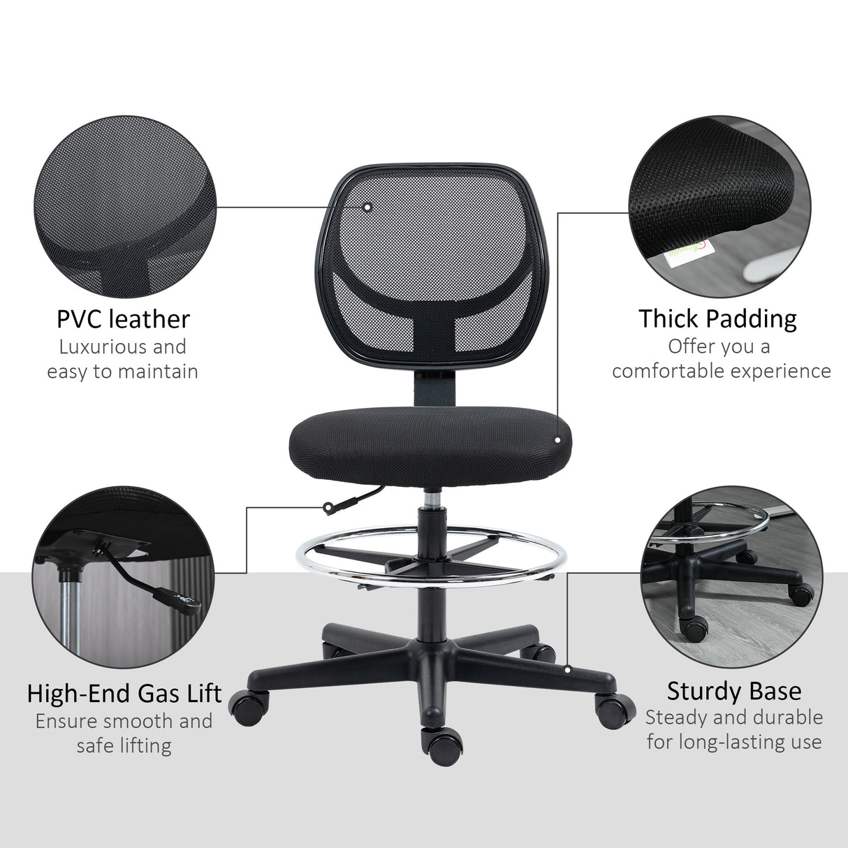 Fabric Home And Office Chair 59cm Wide With Adjustable Foot Ring And Seat Height Black - Velmora
