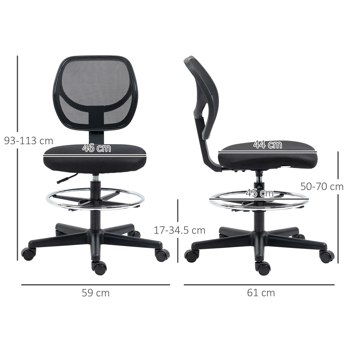 Fabric Home And Office Chair 59cm Wide With Adjustable Foot Ring And Seat Height Black - Velmora