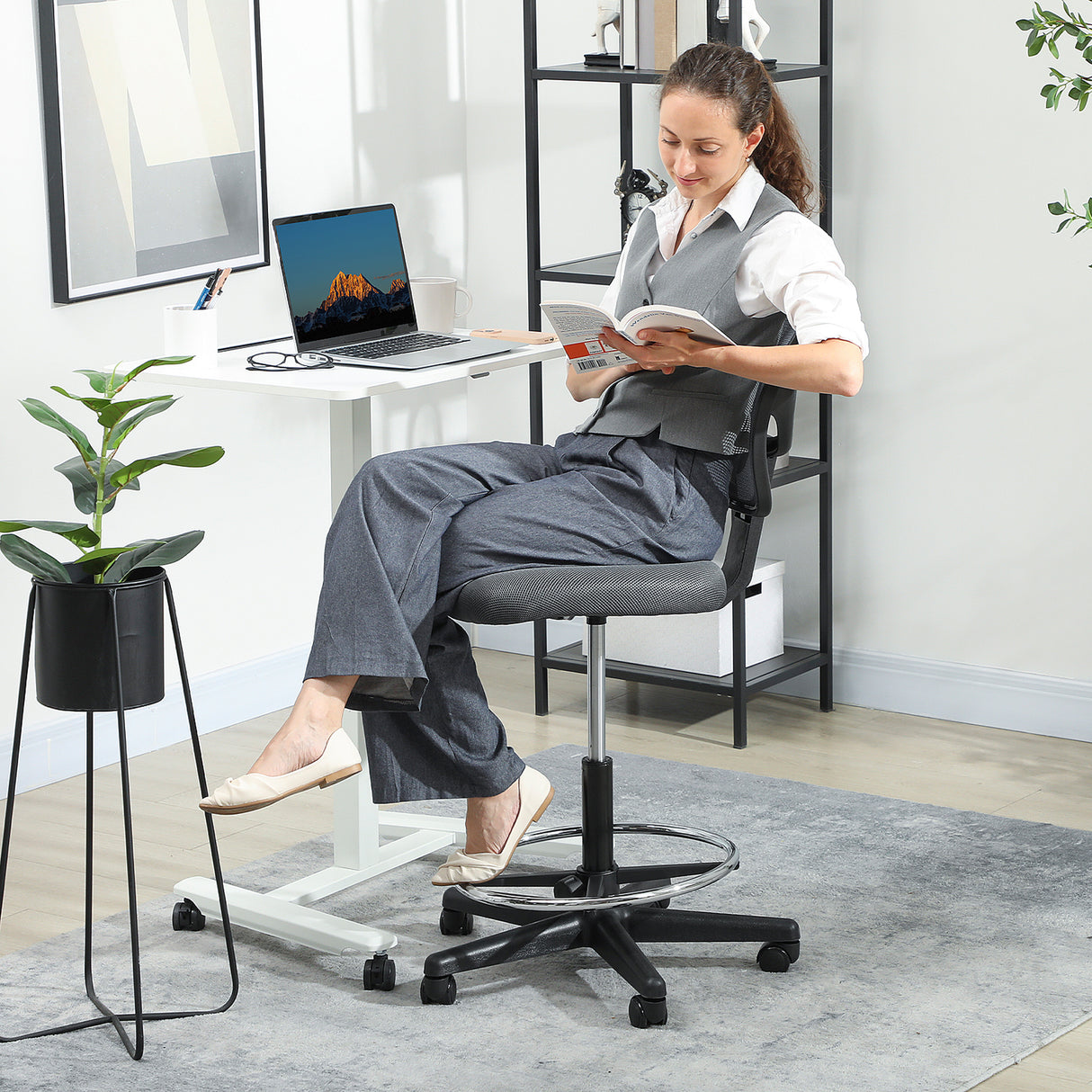 Fabric Home And Office Chair 59cm Wide With Adjustable Foot Ring And Seat Height Black - Velmora