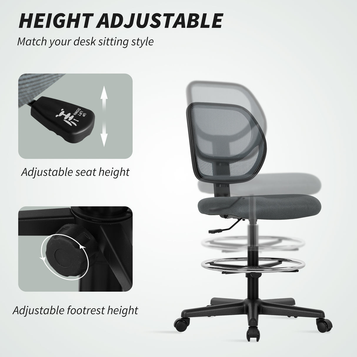 Fabric Home And Office Chair 59cm Wide With Adjustable Foot Ring And Seat Height Black - Velmora