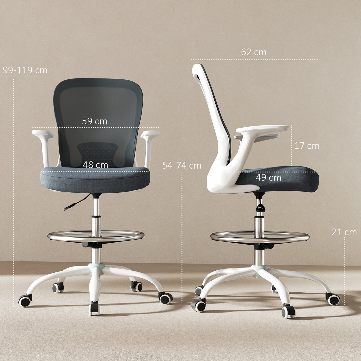Fabric Home And Office Chair 59cm Wide With Flip-Up Armrest And Adjustable Foot Ring - Velmora