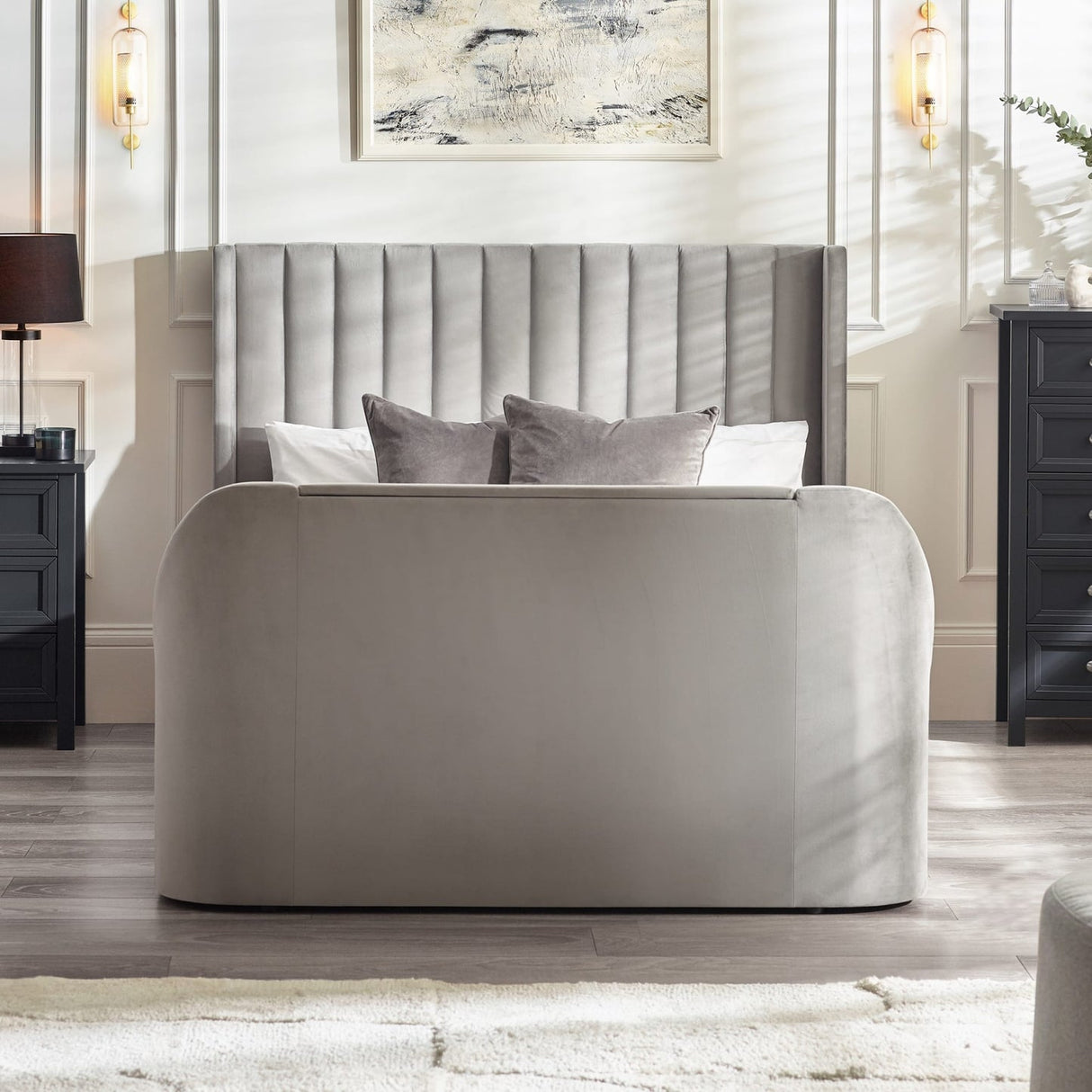 Fabric King Size Ottoman TV Storage Bed - Clara