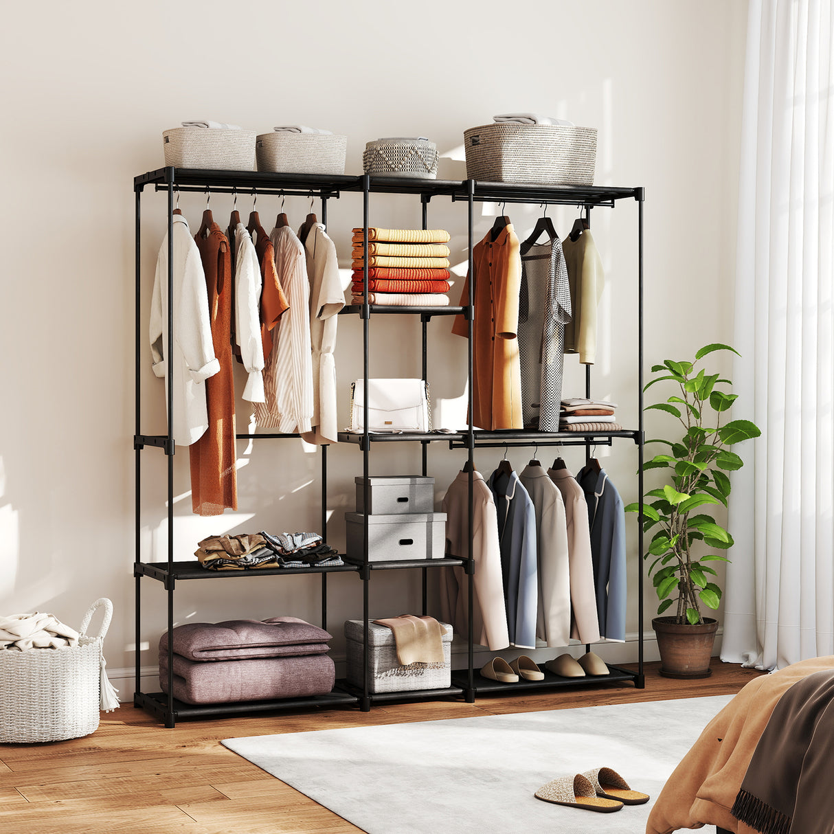 Fabric Open Wardrobe 182cm Wide With 8 Shelves And Hanging Rail - Velmora