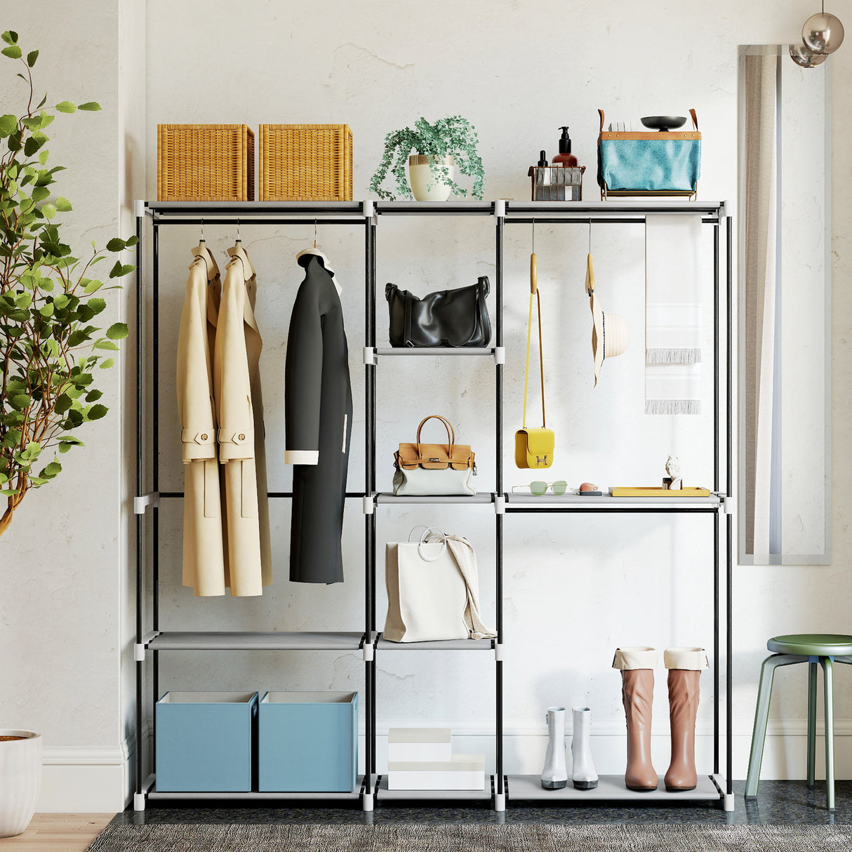 Fabric Open Wardrobe 182cm Wide With 8 Shelves And Hanging Rail - Velmora