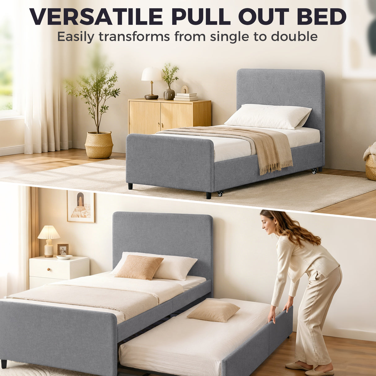 Fabric Single Bed 97cm Wide With Pull Out Trundle Bed - Velmora