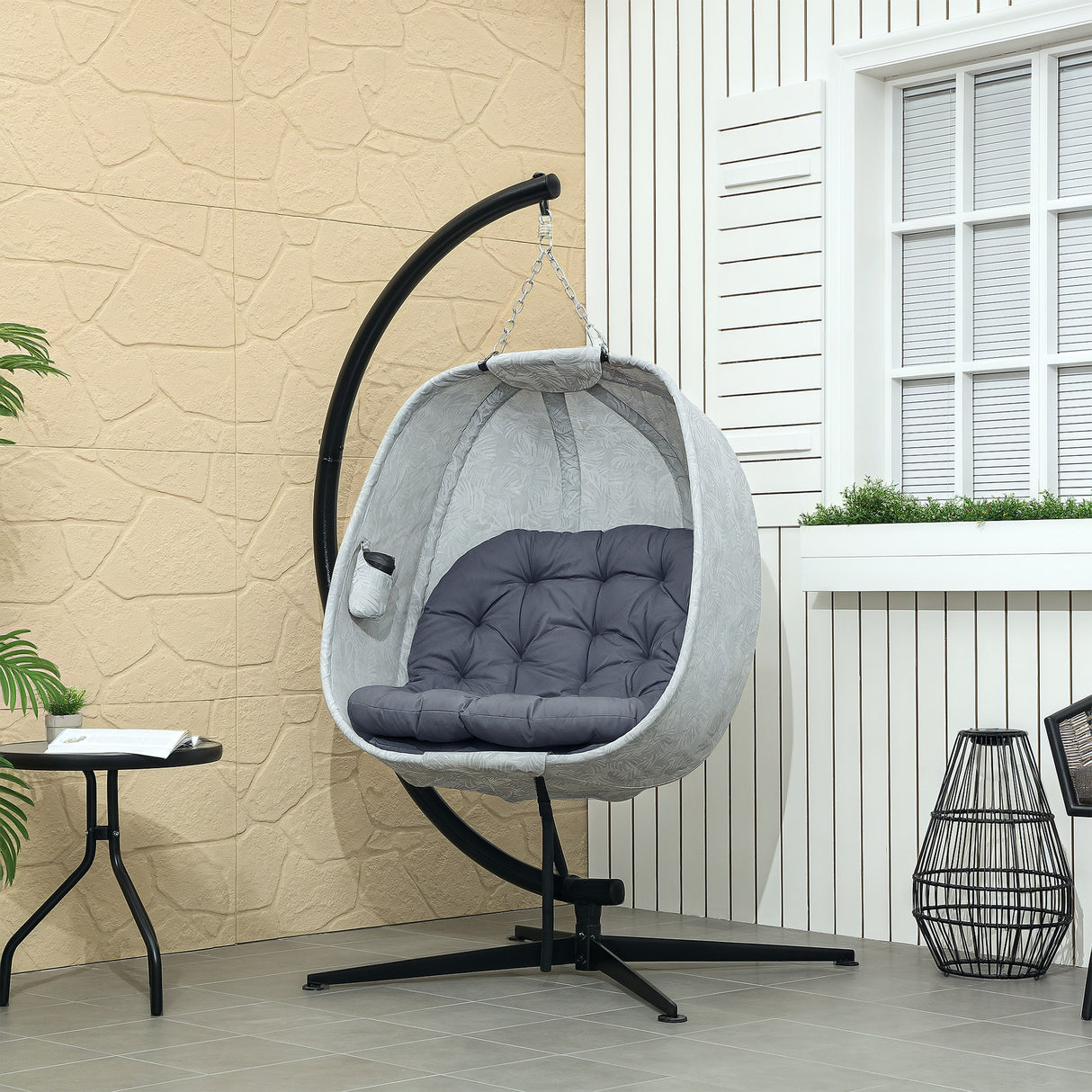 Fabric Single Garden Swing Chair With Folding Basket and Stand - Velmora