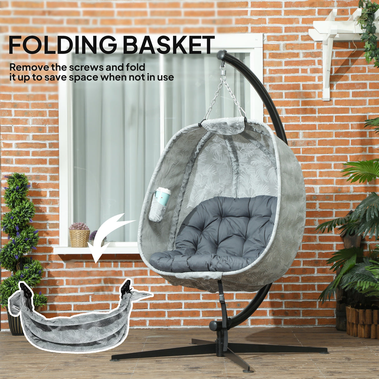 Fabric Single Garden Swing Chair With Folding Basket and Stand - Velmora