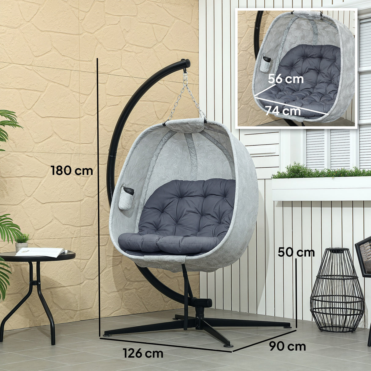 Fabric Single Garden Swing Chair With Folding Basket and Stand - Velmora