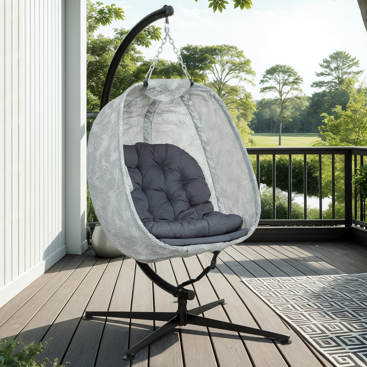 Fabric Single Garden Swing Chair With Folding Basket and Stand - Velmora