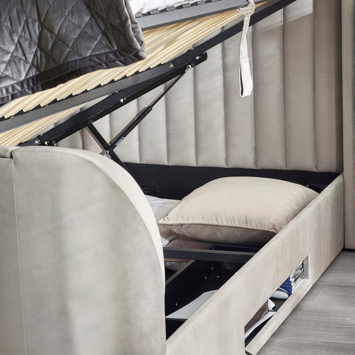 Fabric Super King Size Ottoman TV Storage Bed - Clara