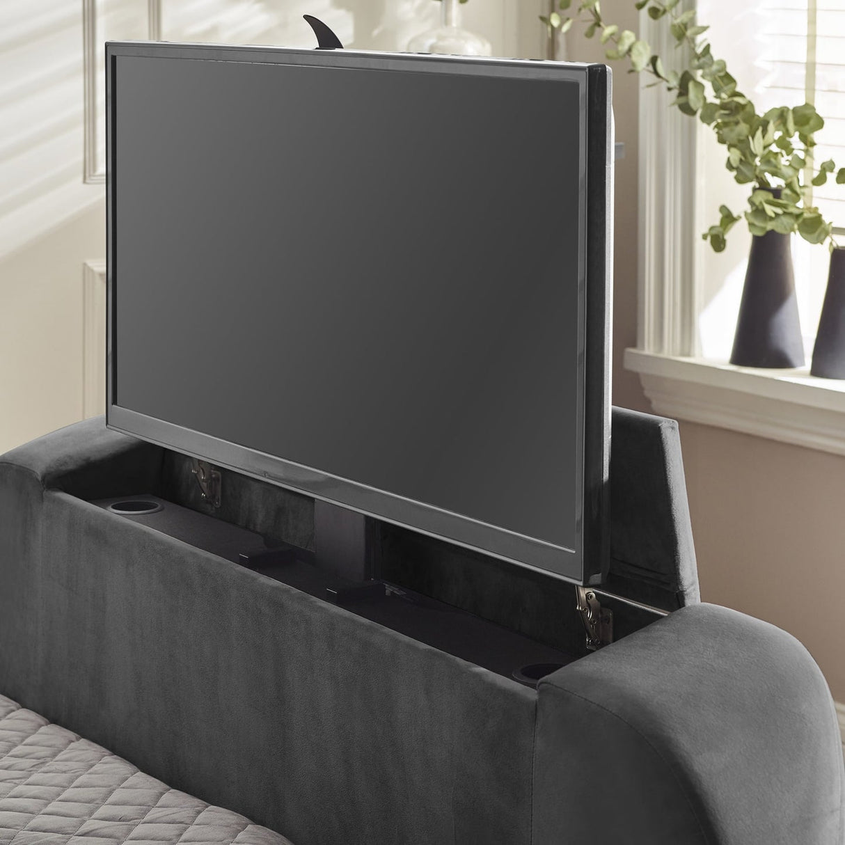 Fabric Super King Size Ottoman TV Storage Bed - Clara