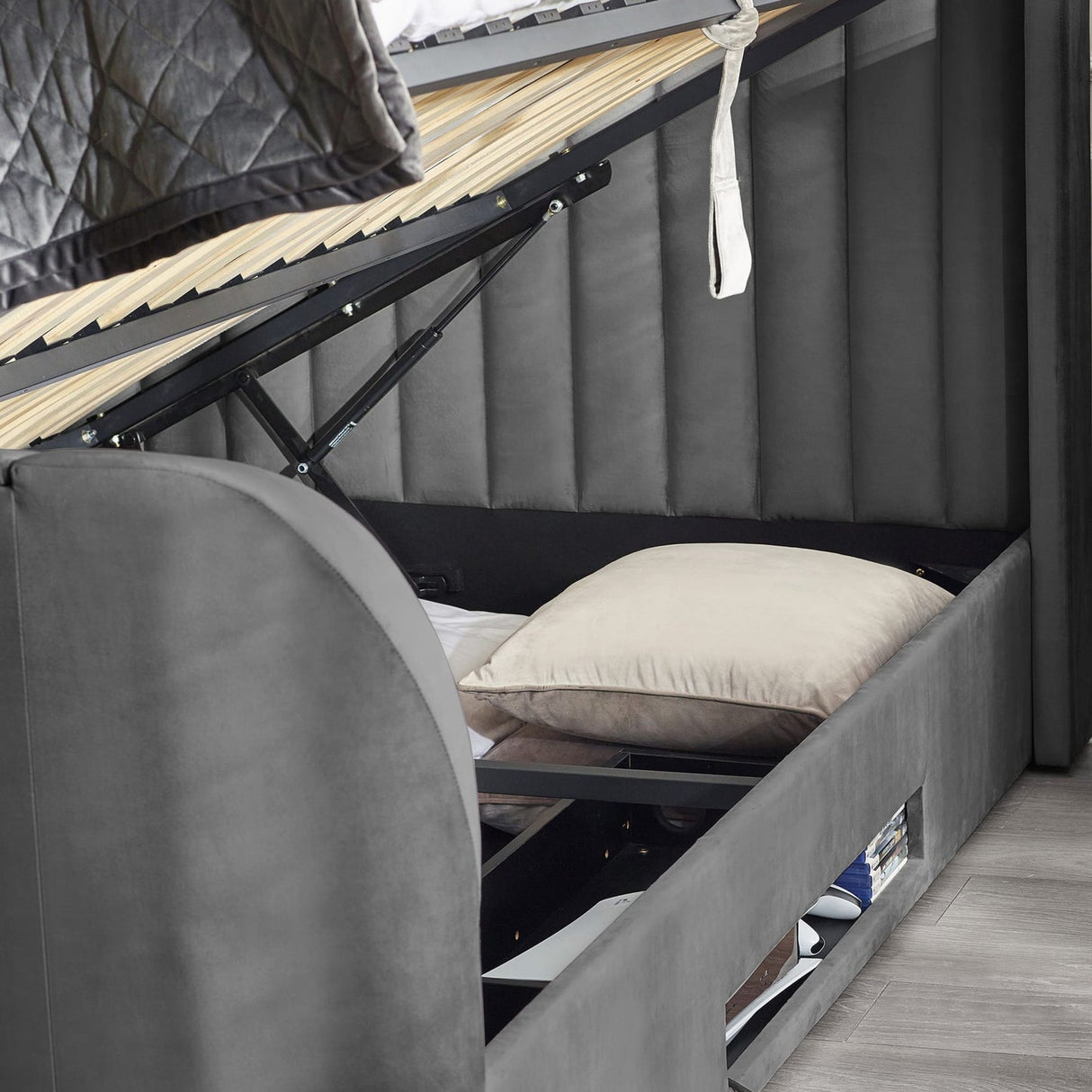 Fabric Super King Size Ottoman TV Storage Bed - Clara