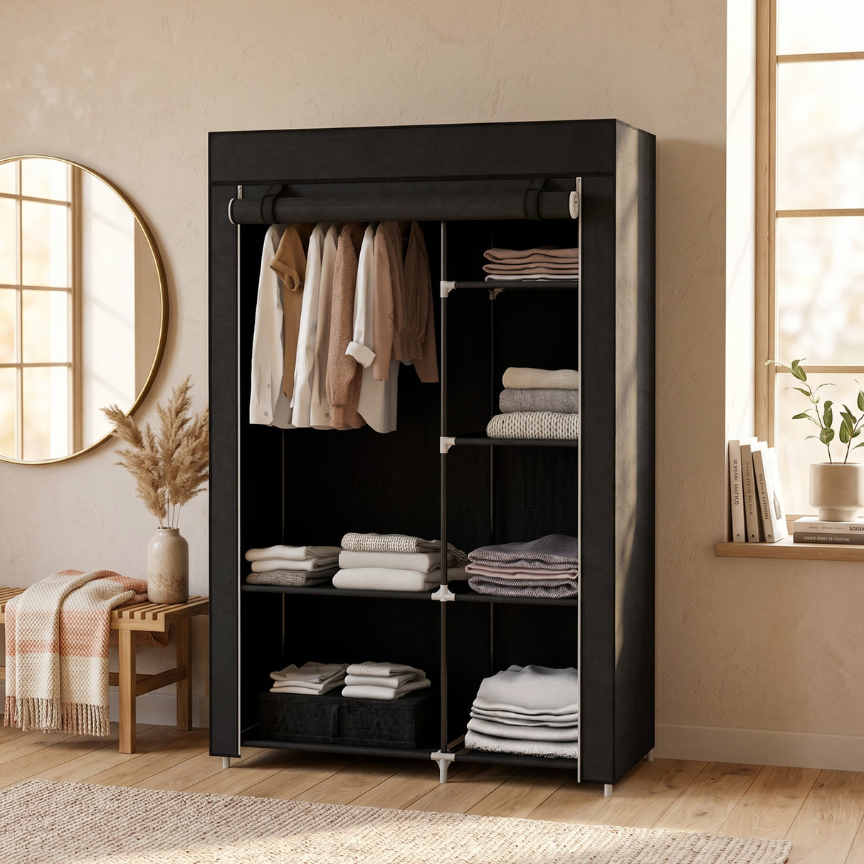 Fabric Wardrobe 103cm Wide With Hanging Rail And Shelves - Velmora