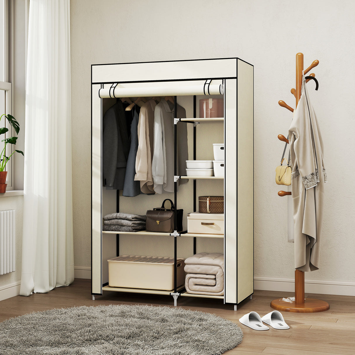 Fabric Wardrobe 103cm Wide With Hanging Rail And Shelves - Velmora