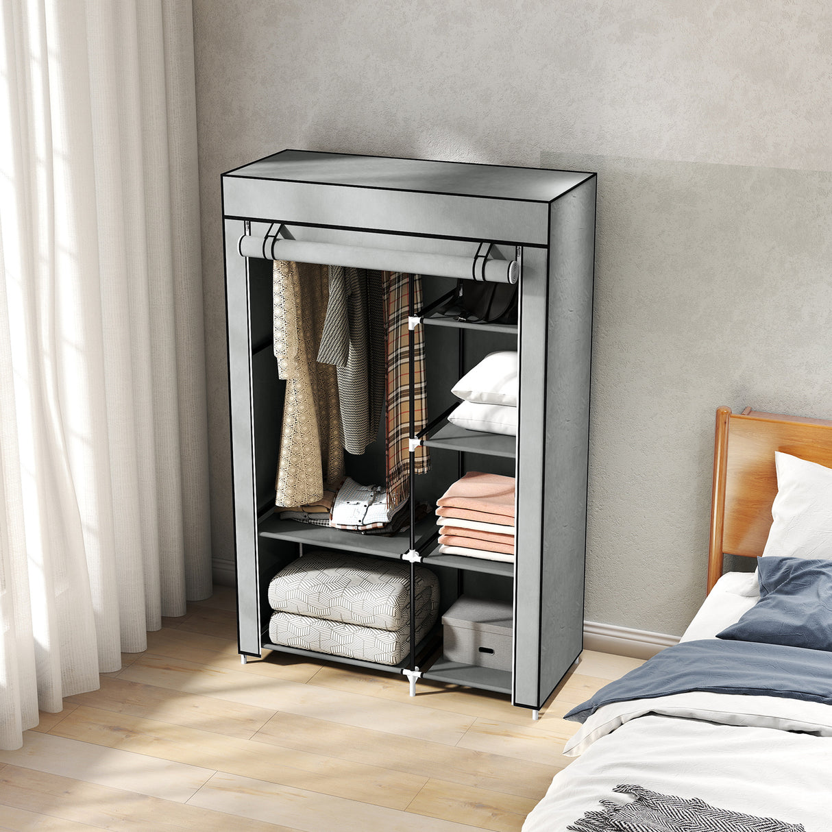 Fabric Wardrobe 103cm Wide With Hanging Rail And Shelves - Velmora