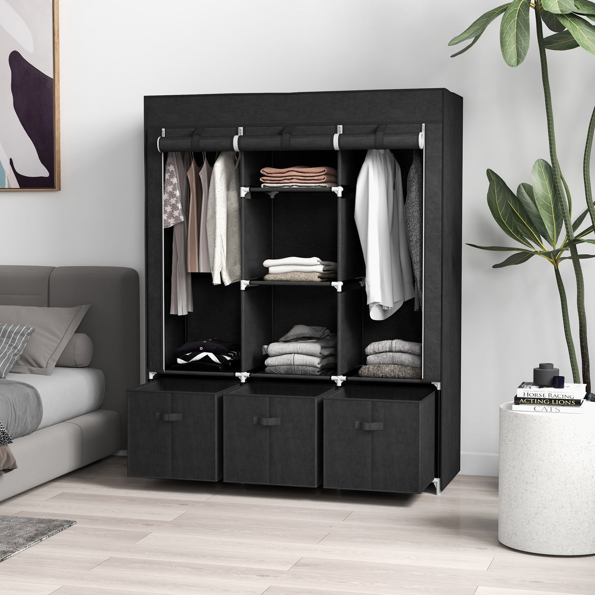 Fabric Wardrobe 125cm Wide With 3 Drawers - Velmora