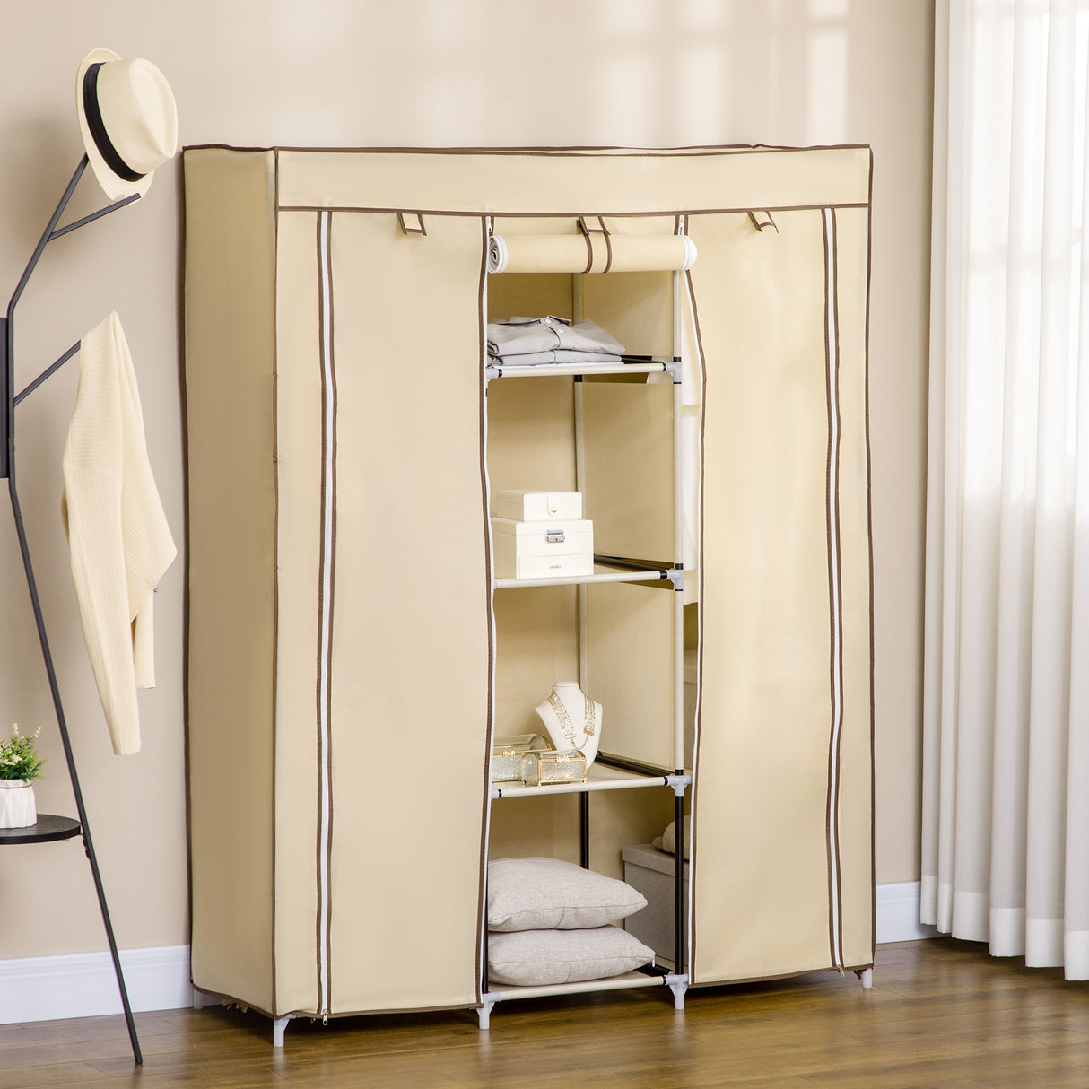 Fabric Wardrobe 125cm Wide With Hanging Rail And Shelves - Velmora
