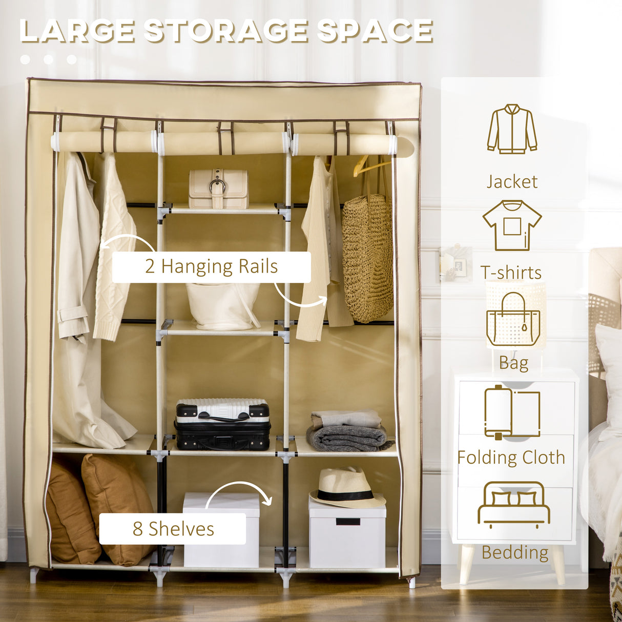 Fabric Wardrobe 125cm Wide With Hanging Rail And Shelves - Velmora