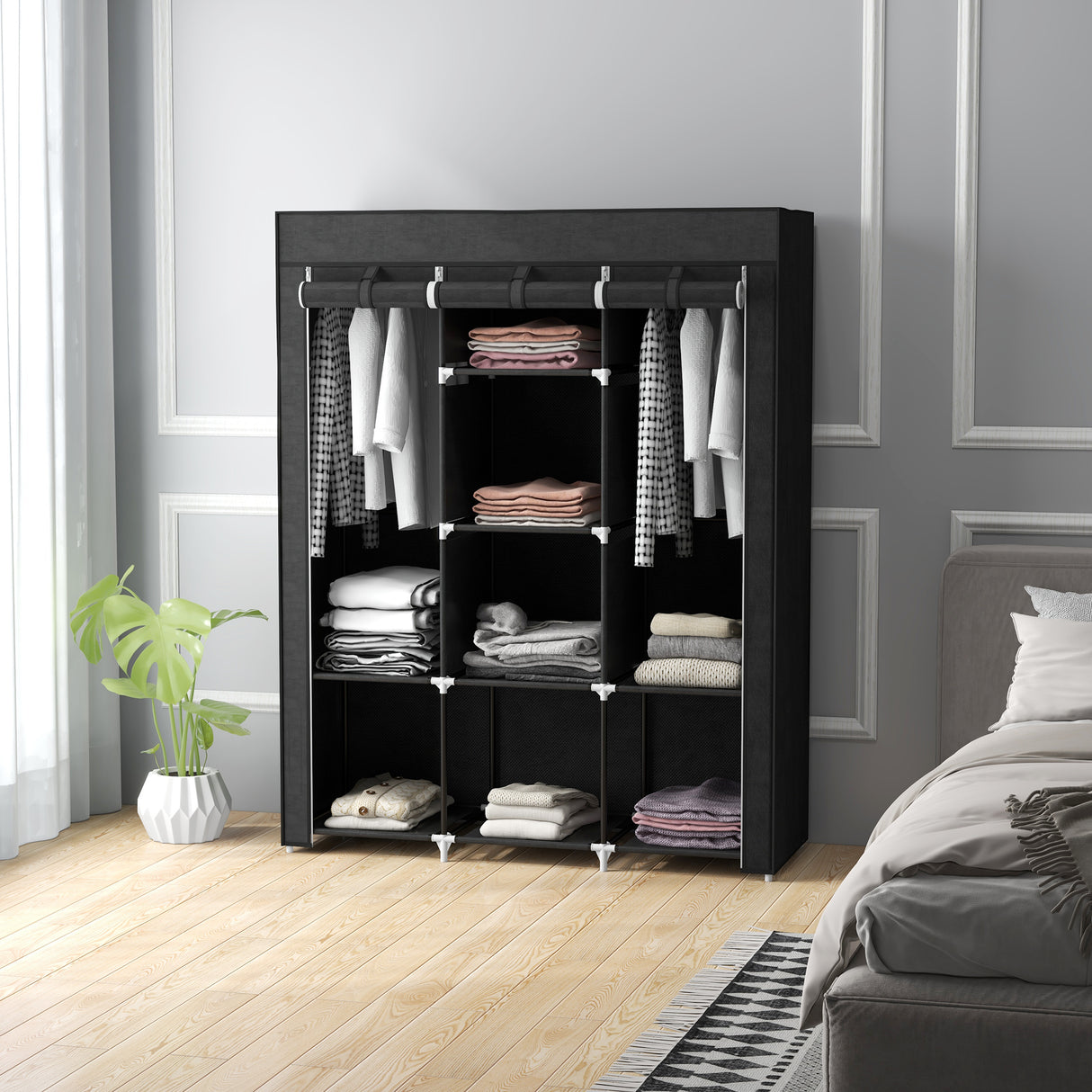 Fabric Wardrobe 125cm Wide With Hanging Rail And Shelves - Velmora