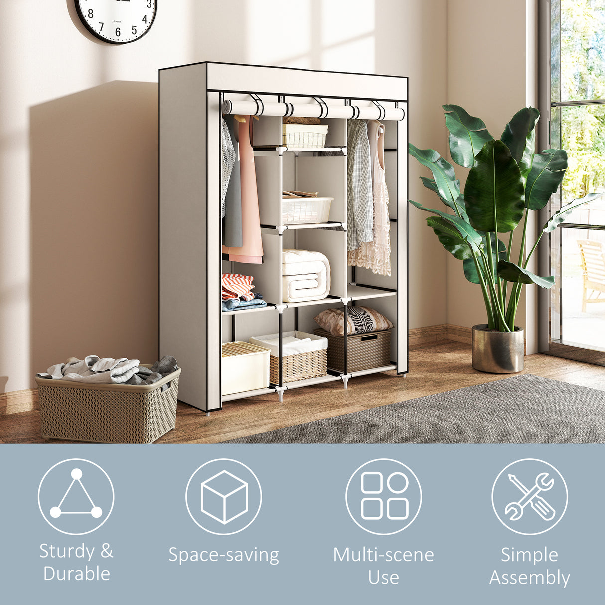 Fabric Wardrobe 125cm Wide With Hanging Rail And Shelves - Velmora