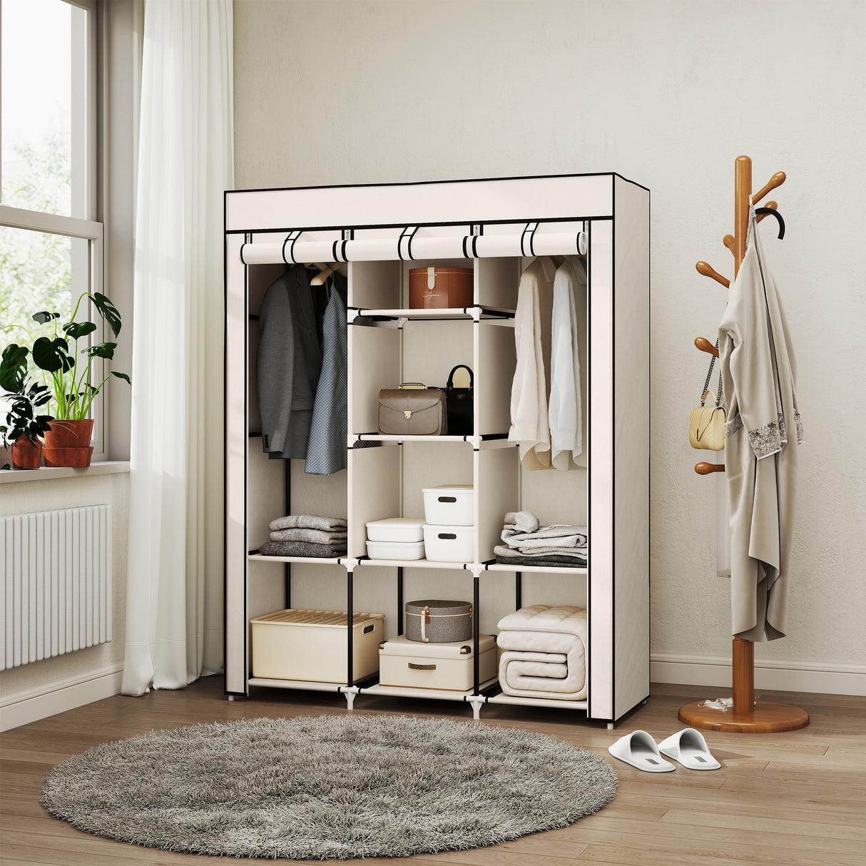 Fabric Wardrobe 125cm Wide With Hanging Rail And Shelves - Velmora