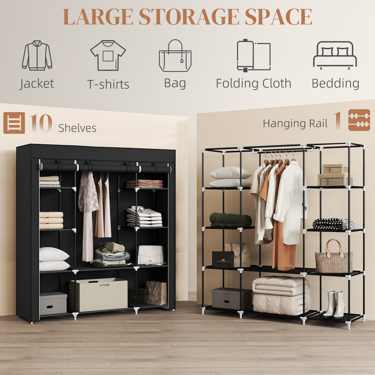 Fabric Wardrobe 150cm Wide With Hanging Rail And Shelves - Velmora