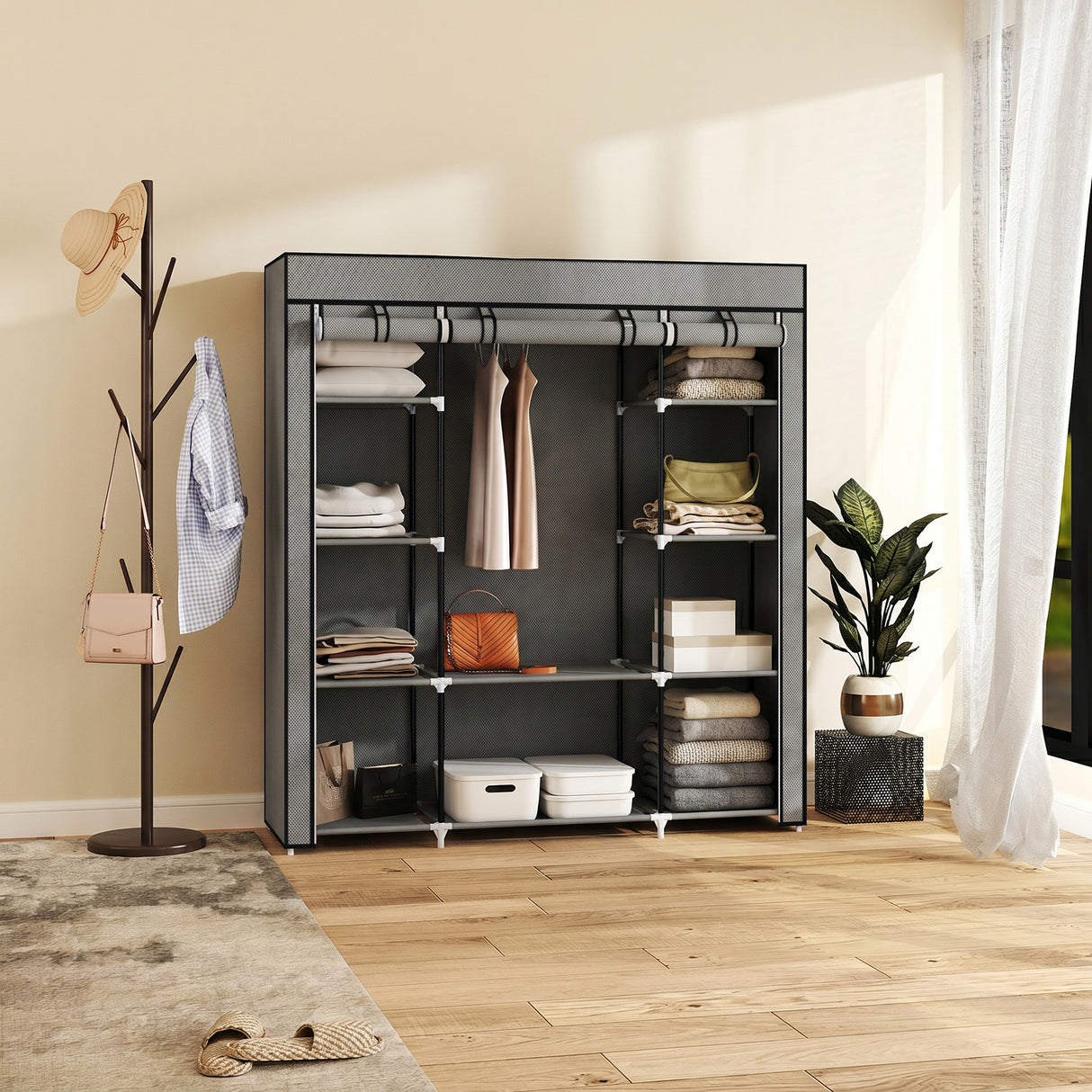 Fabric Wardrobe 150cm Wide With Hanging Rail And Shelves - Velmora