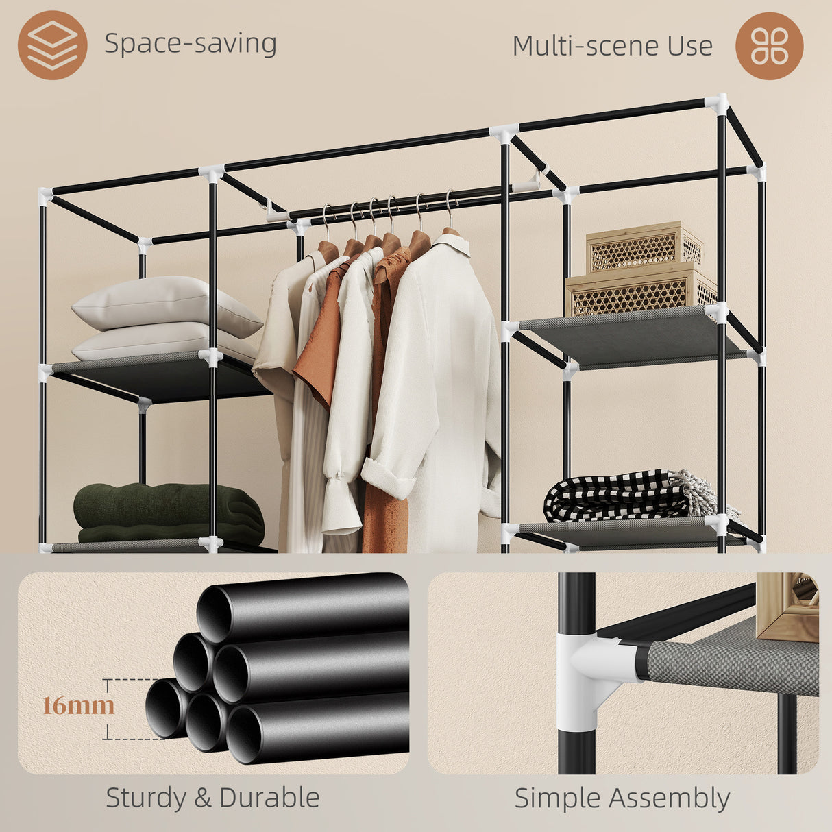Fabric Wardrobe 150cm Wide With Hanging Rail And Shelves - Velmora