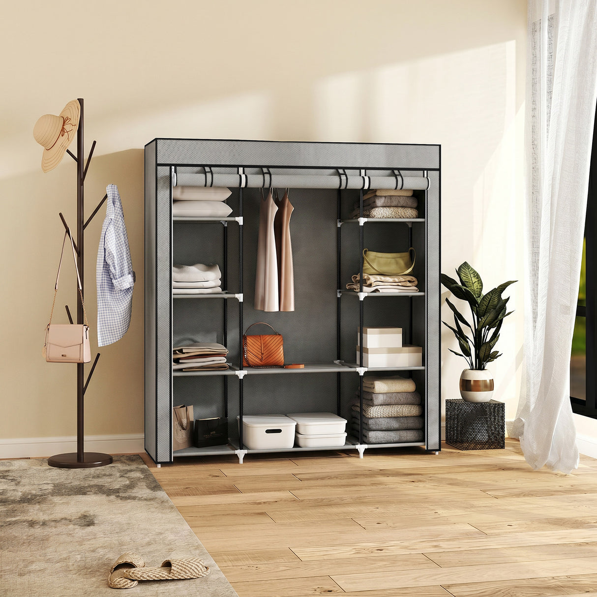 Fabric Wardrobe 150cm Wide With Hanging Rail And Shelves - Velmora