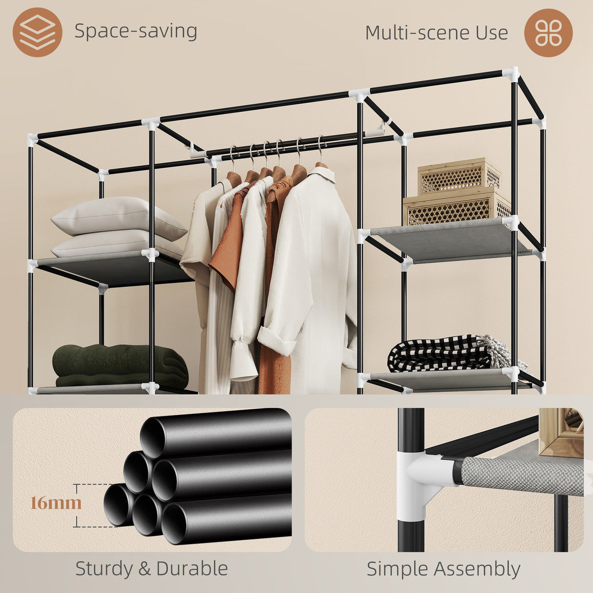 Fabric Wardrobe 150cm Wide With Hanging Rail And Shelves - Velmora
