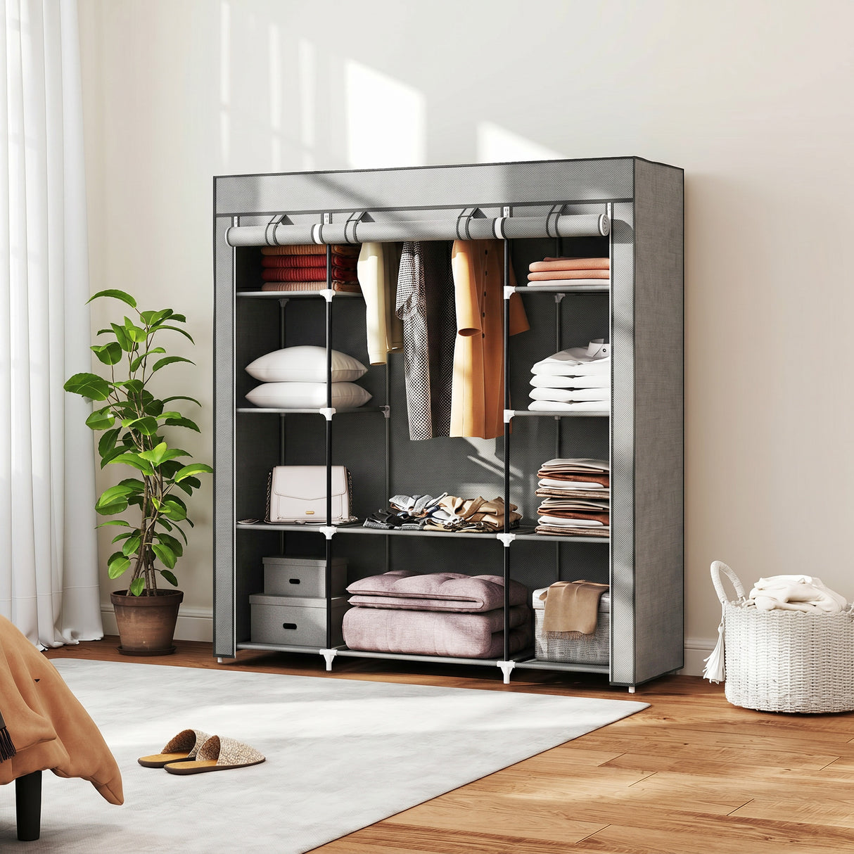 Fabric Wardrobe 150cm Wide With Hanging Rail And Shelves - Velmora
