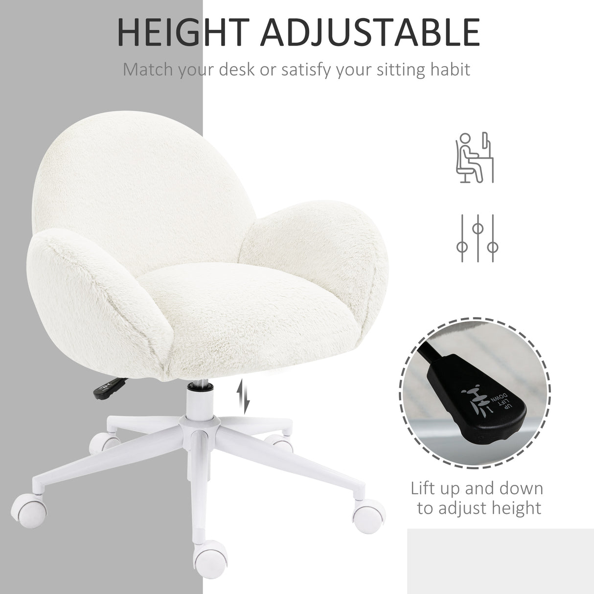 Faux Fur Fabric Home And Office Chair 67cm Wide With Rolling Wheels - Velmora