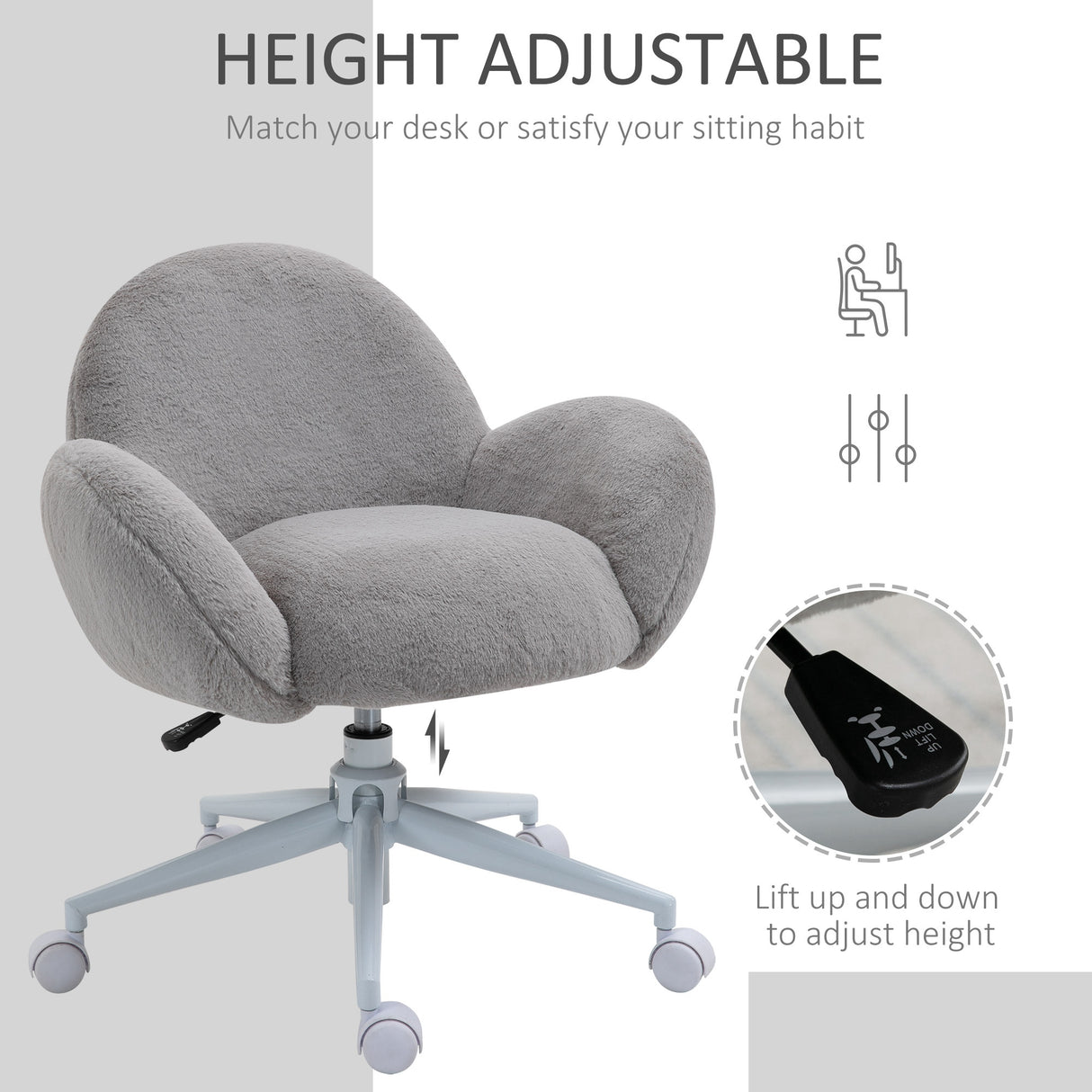 Faux Fur Fabric Home And Office Chair 67cm Wide With Rolling Wheels - Velmora