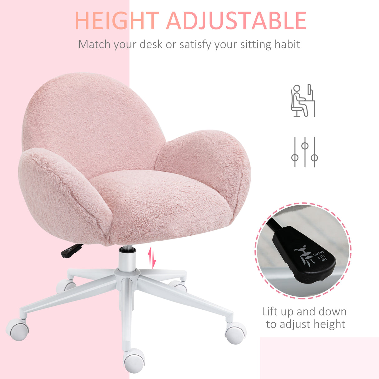 Faux Fur Fabric Home And Office Chair 67cm Wide With Rolling Wheels - Velmora