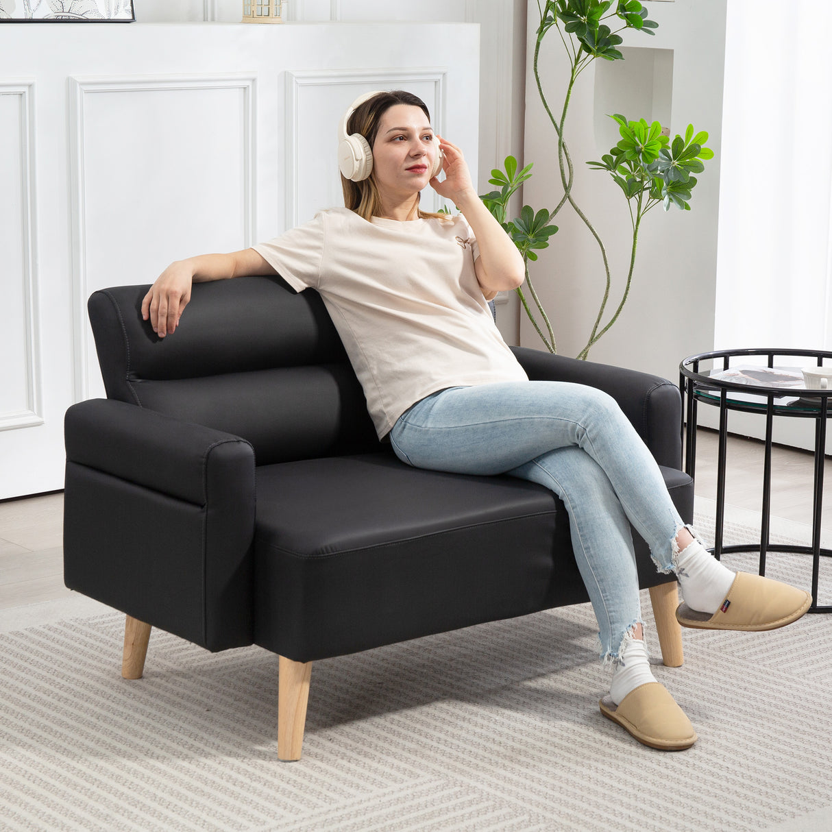 Faux Leather 2 Seater Sofa 117cm Wide With Rubberwood Legs - Velmora