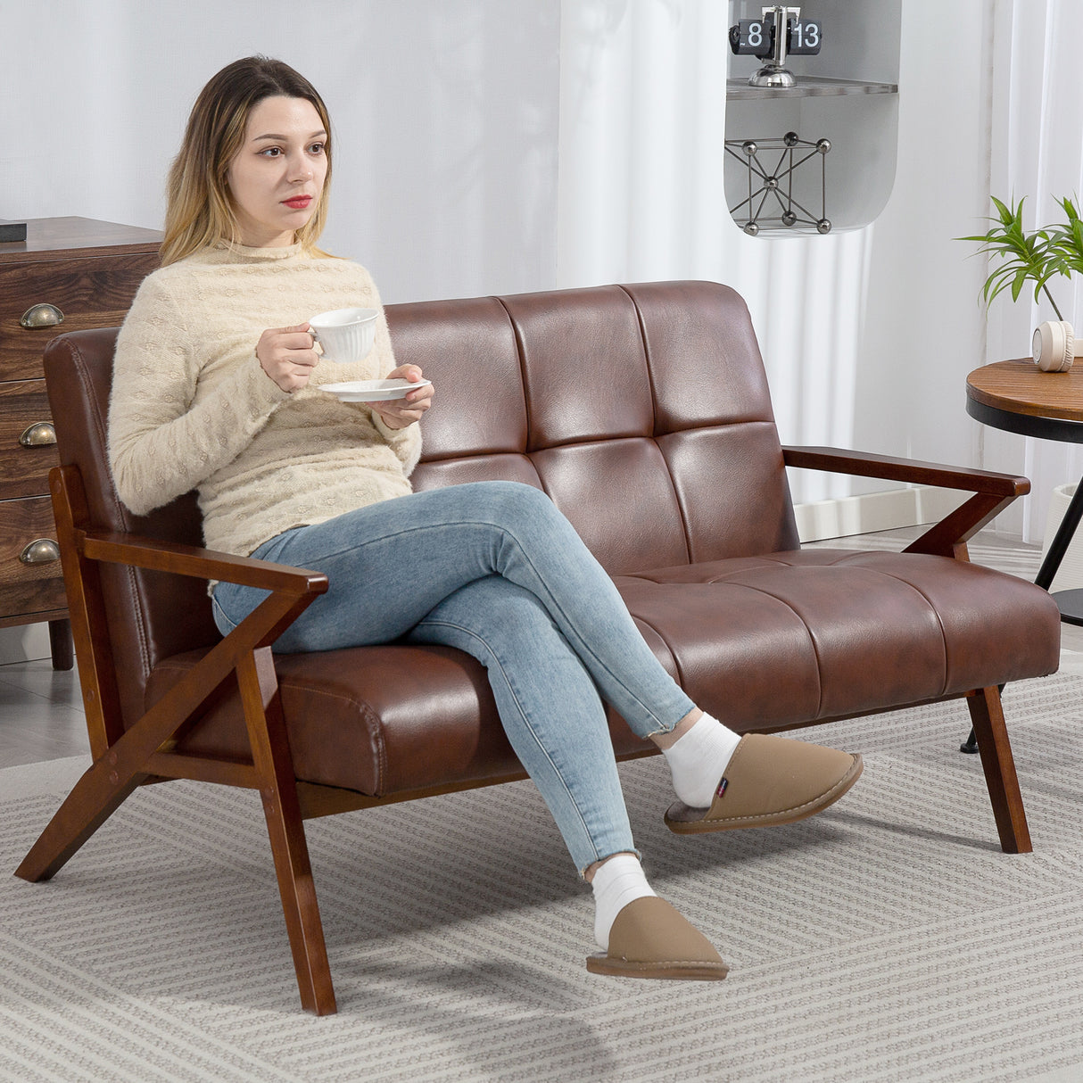 Faux Leather 2 Seater Sofa 133cm Wide With Wooden Legs - Velmora