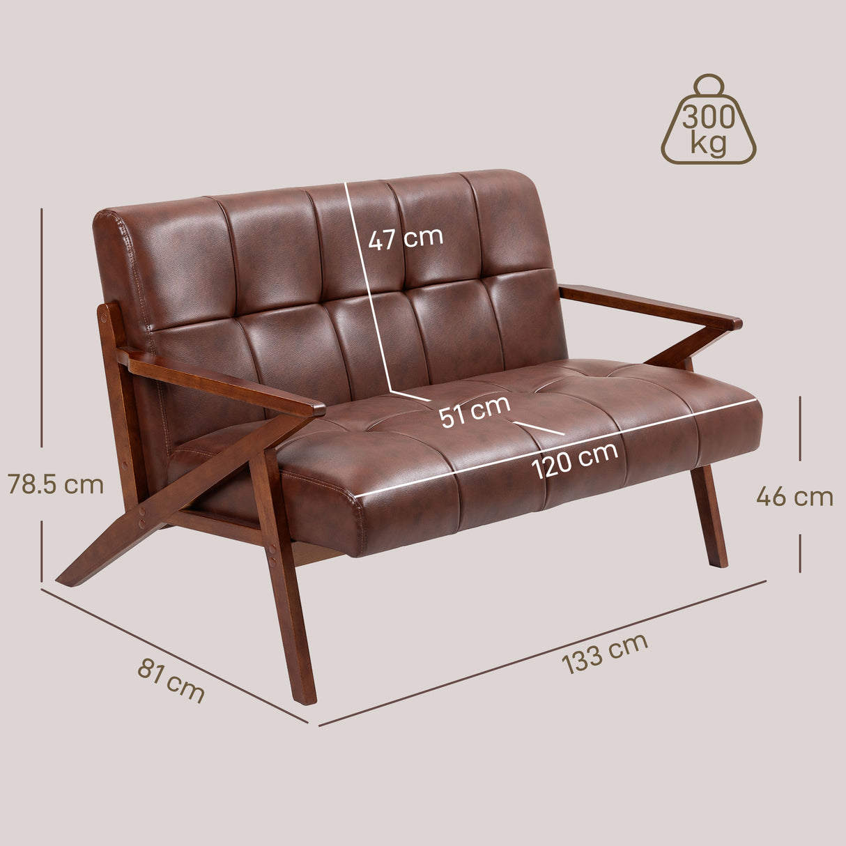 Faux Leather 2 Seater Sofa 133cm Wide With Wooden Legs - Velmora