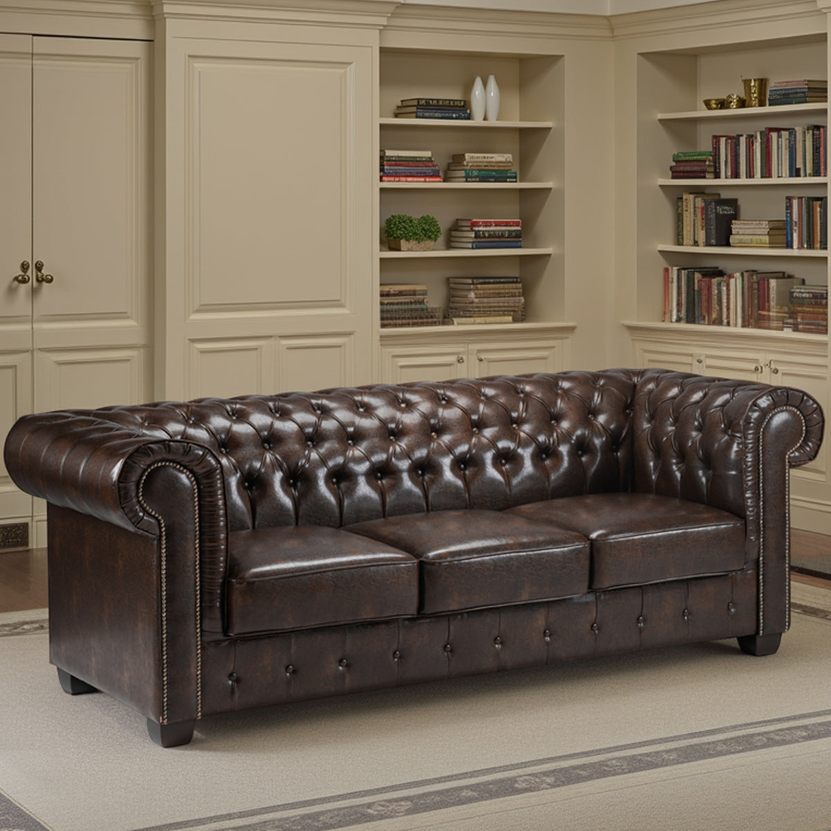 Faux Leather 3 Seater Sofa - Chesterfield