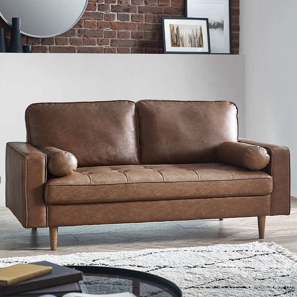 Faux Leather 3 Seater Sofa With Bolster Cushions - Henley