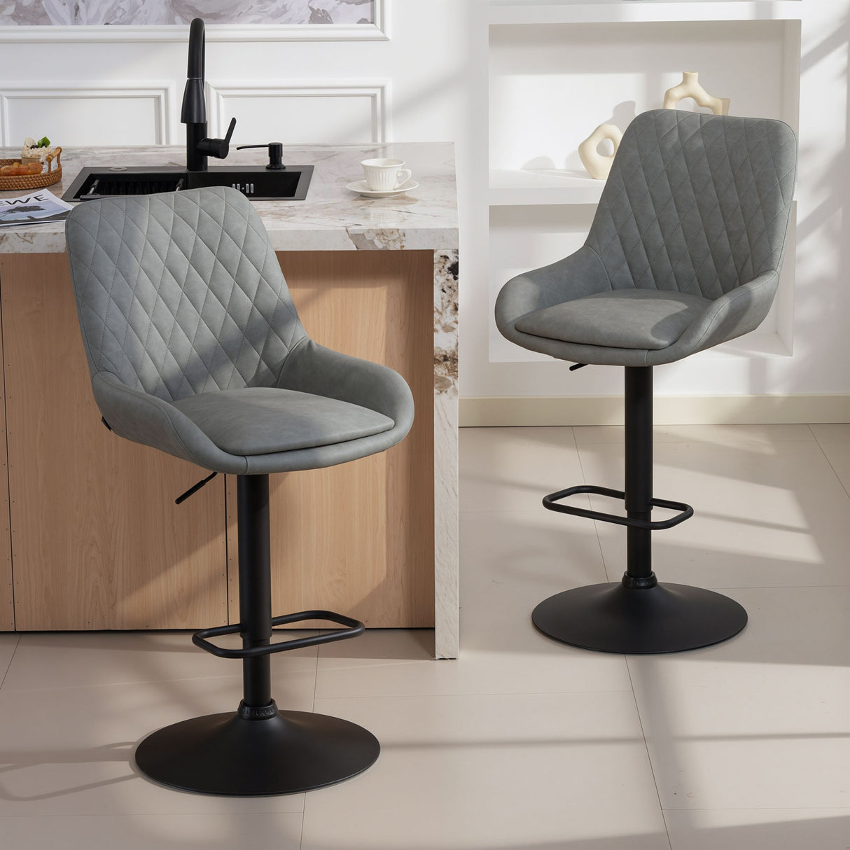 Faux Leather Adjustable Retro Bar Stools Swivel in Set Of 2 - Velmora