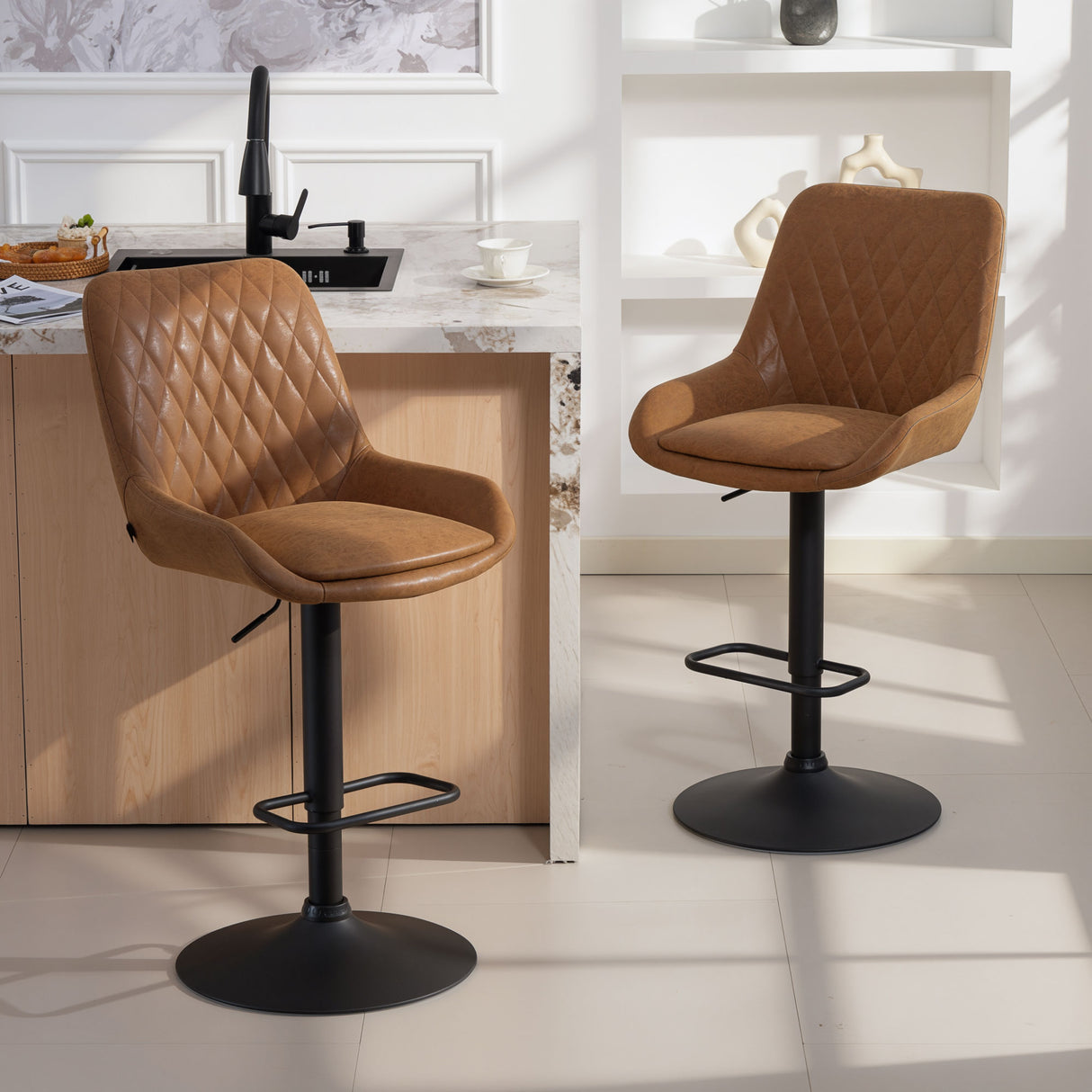 Faux Leather Adjustable Retro Bar Stools Swivel in Set Of 2 - Velmora