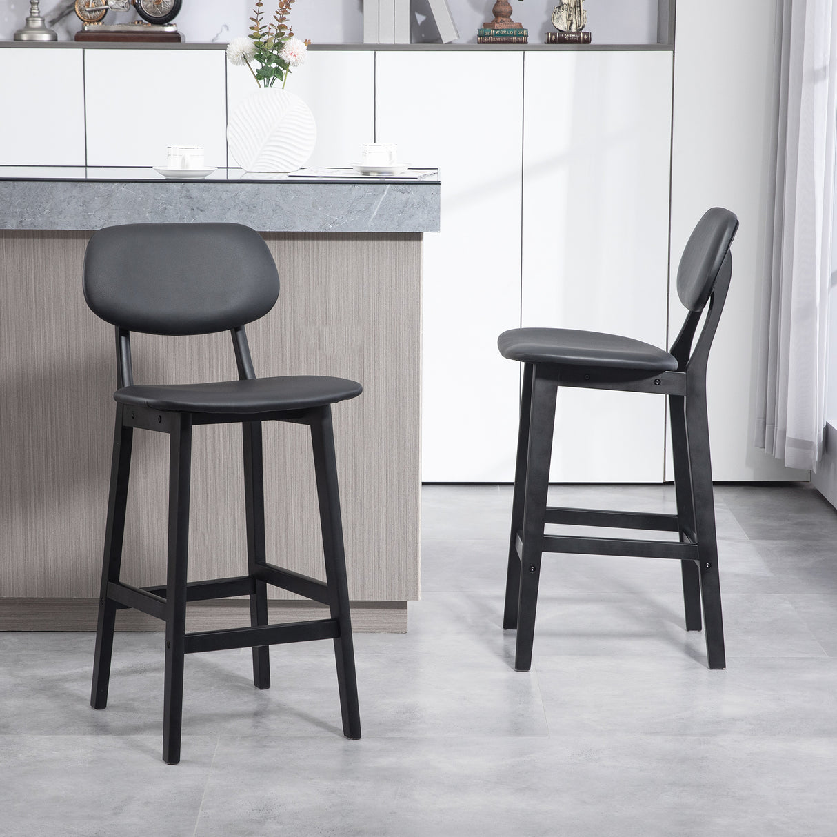 Faux Leather Bar Chairs in Set Of 2 With Wooden Frame - Velmora