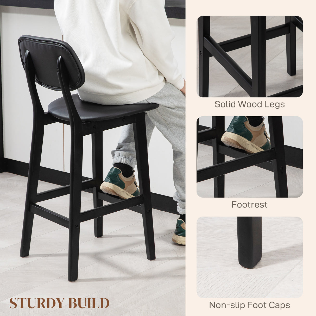 Faux Leather Bar Chairs in Set Of 2 With Wooden Frame - Velmora